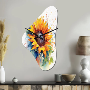 Yellow Blue Golden Sunflowers I - Asymmetric Metal Wall Clock
